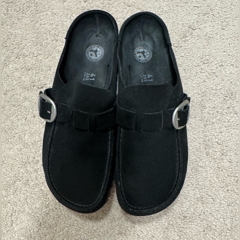 Birkenstock Black Suede Mules with Silver Buckle